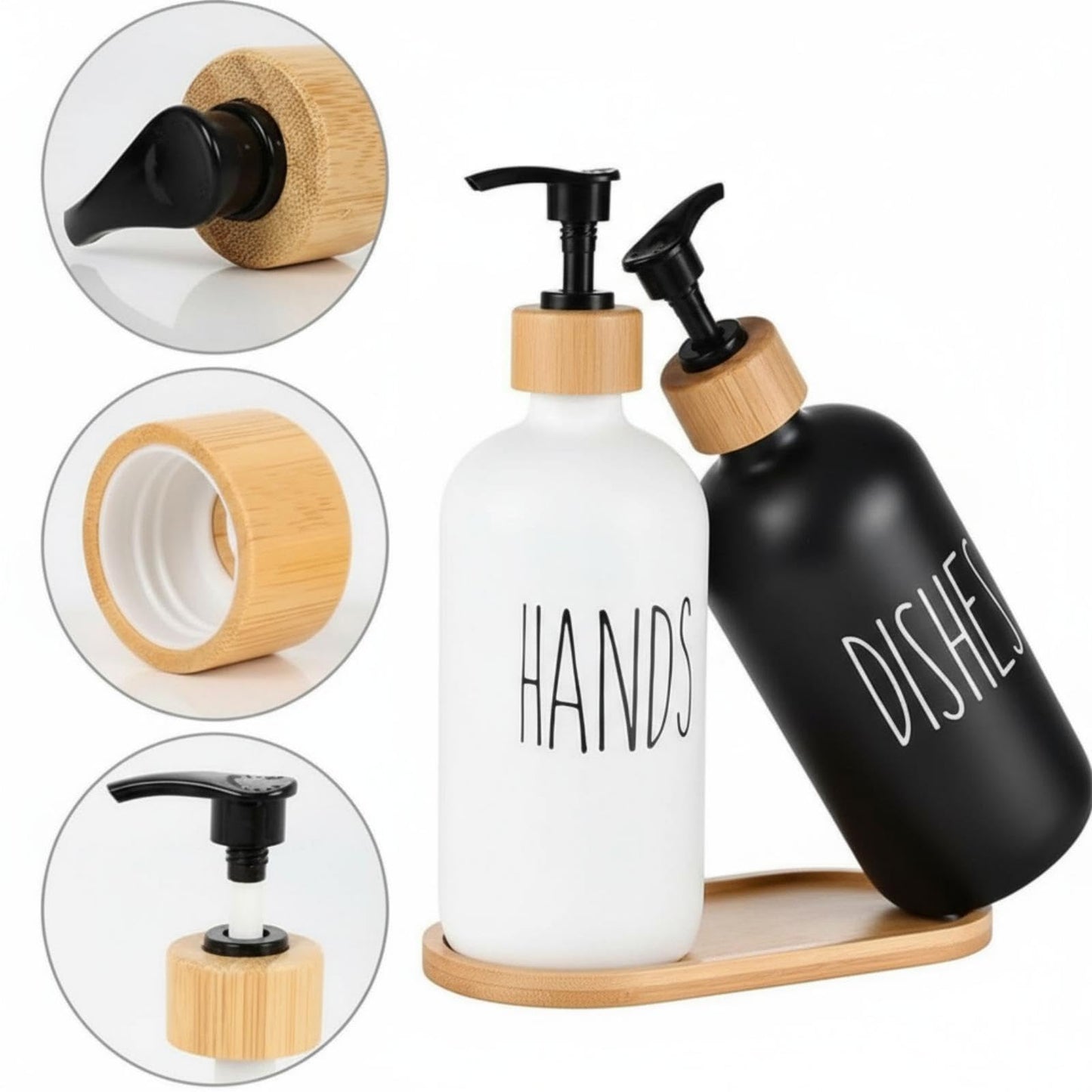 kitchen Soap Dispenser Set, washing up liquid dispenser,Glass Bottle Jar with Bamboo Tray,suitable for Bathroom, Kitchen, Laundry Room