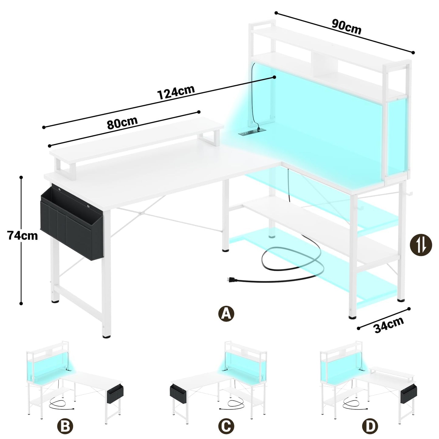 iSunirm L Shaped Gaming Desk with Power Outlets & LED Lights, Small L- Shaped Computer Corner Desk with Monitor Stand & Storage Shelf