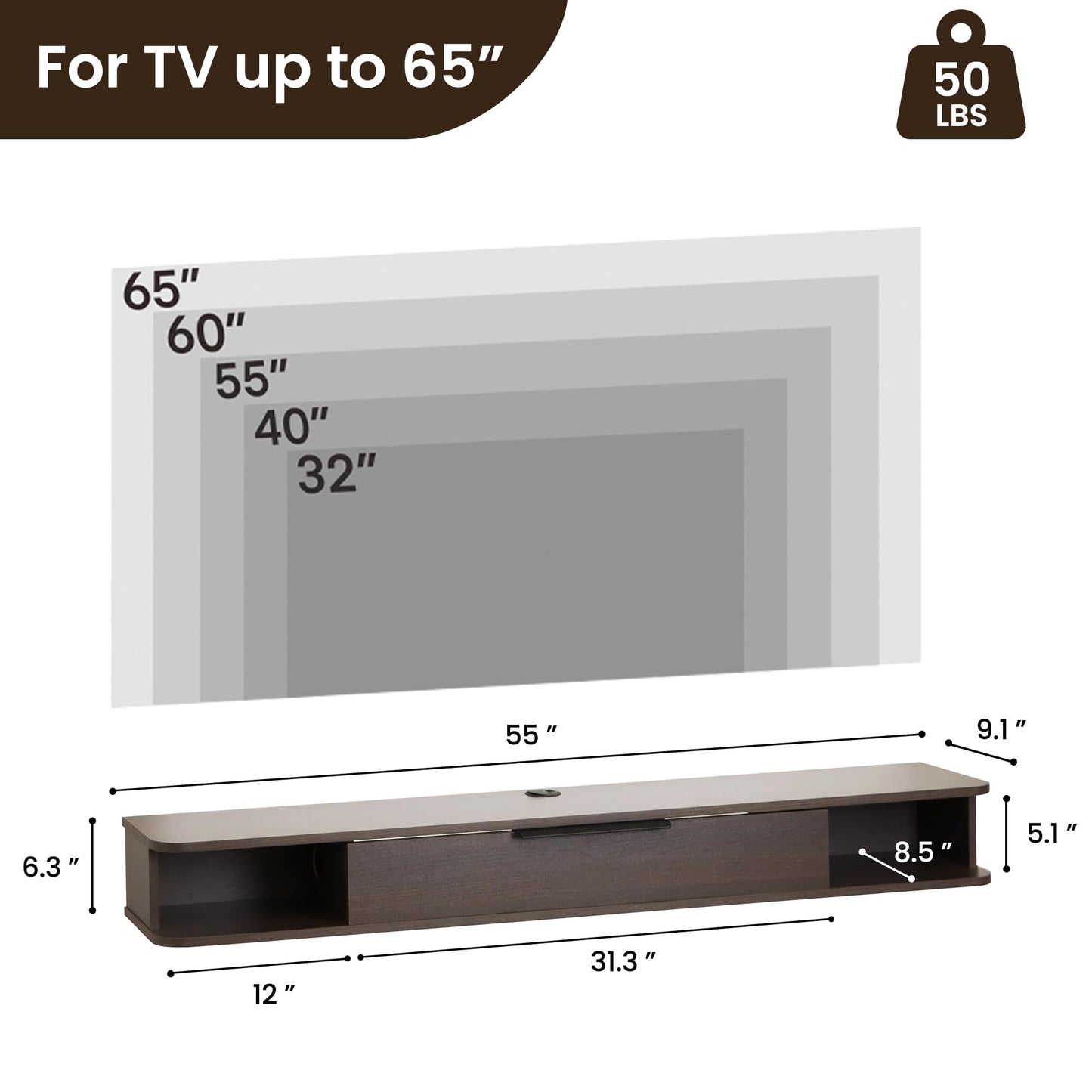 Mordchil EU Wall-mounted TV Cabinet Stand, 140cm Floating Media Console Under TV, Entertainment Shelf Center for Bedroom and Living Room