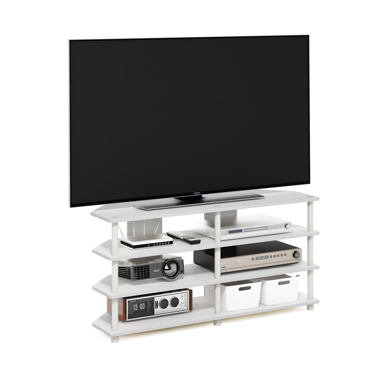 Furinno ECON TV Stand, 4-Tier Corner Entertainment Center, TV Console for TV up to 55 Inch, Easy Assembly, for Living Room, Bedroom, White