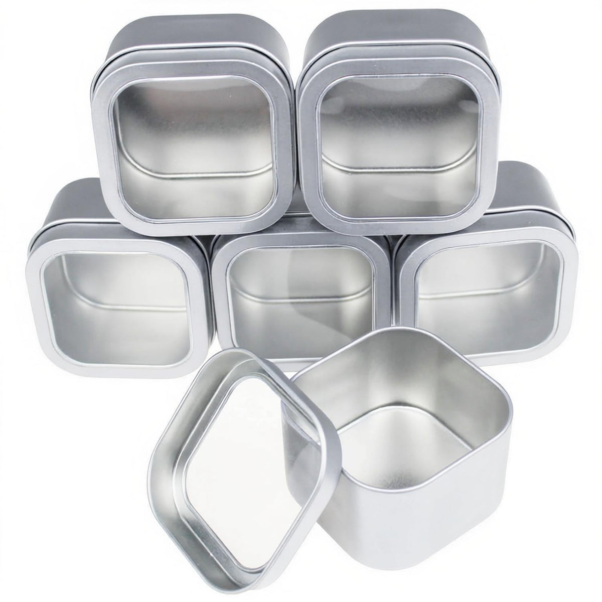 Goodma 6-Pack 240ml Square Metal Tins with Clear Window, Silver