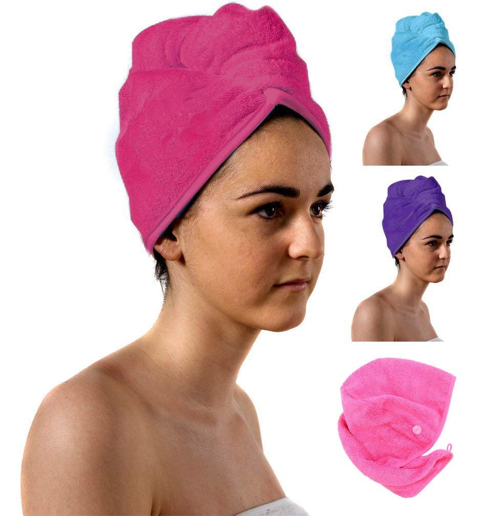 Aztex Luxury Hair Turban Towel - Head Wrap With Loop and Button Fastener, Absorbent and Lightweight Cotton, Multiple Colours, 64 x 23cm - Pink