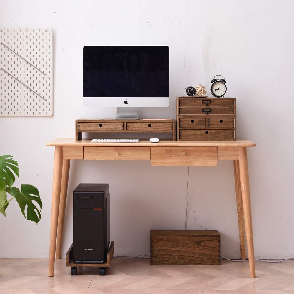 KIRIGEN Wooden CPU Stand PC Cart for ATX Tower, Adjustable Computer Tower Stand with Locking Caster Wheels, Solid Wood Mobile Desktop Case Holder