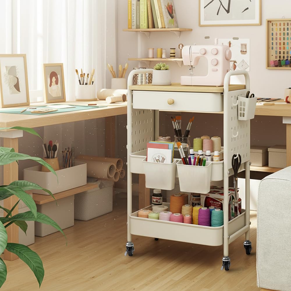 danpinera 3 Tier storage trolley, Metal storage cart with DIY Pegboard & Drawer, storage trolley on wheels with Hooks & Hanging Cups for Living Room