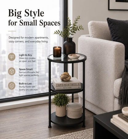 Glass Side Table, 3-Tier Round Side Table with Tempered Glass Top, Black
