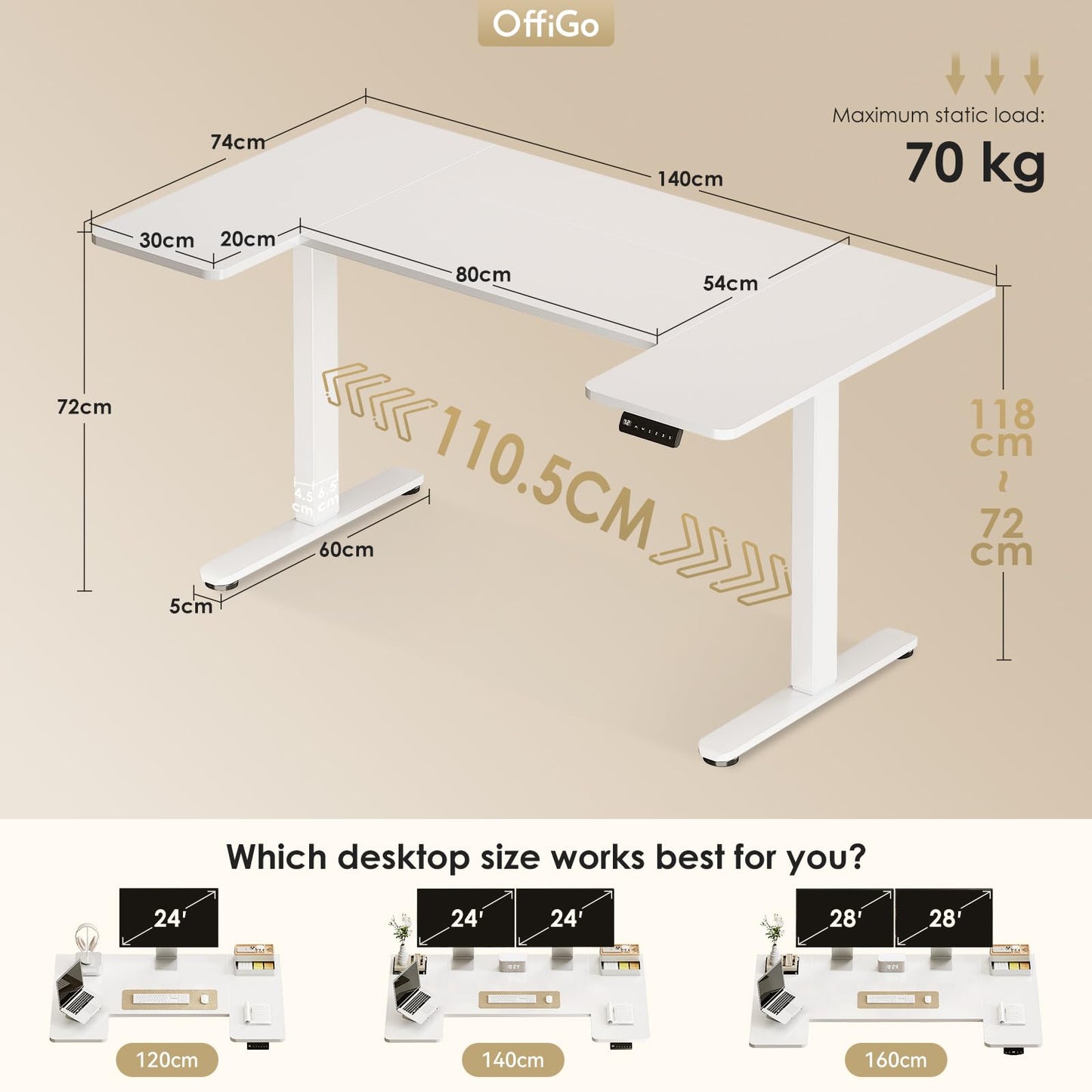 OffiGo Height Adjustable Desk, U Shaped Standing Desk with 3 Memory Presets