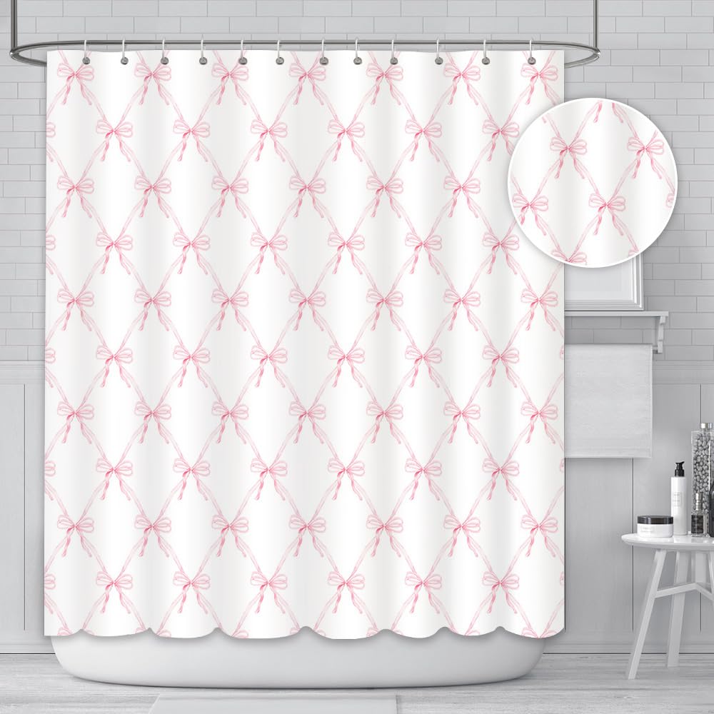 AIBIIN Cute Shower Curtain Pink Bow bath curtain for Bathroom Modern Aesthetic Cloth Shower Curtain Durable Waterproof Polyester Material with 12