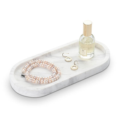 HAMAKAWA Oval Bathroom Vanity Tray, Large Natural Marble Tray 25cm / 10 inch, Volakas White Stone Soap Trays, Modern Perfume Trays