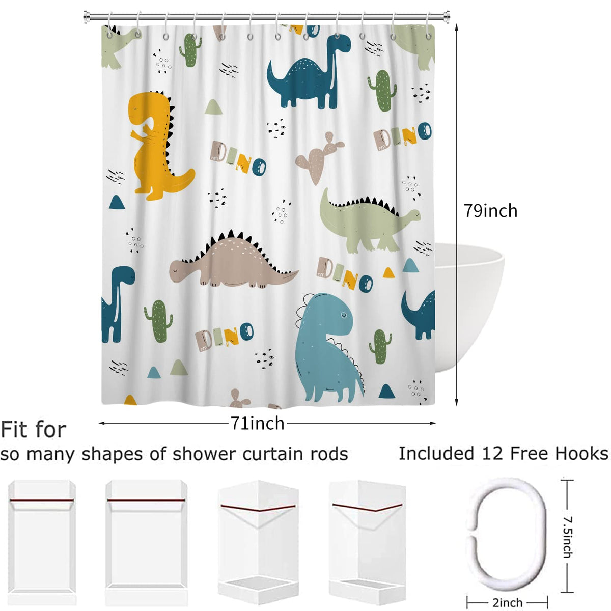 Hnmdmyi Cartoon Dinosaur Shower Curtain 180x200, Colorful Funny Animal Graffiti Cute Dino Children Kids Bathroom Curtains with Hooks Waterproof