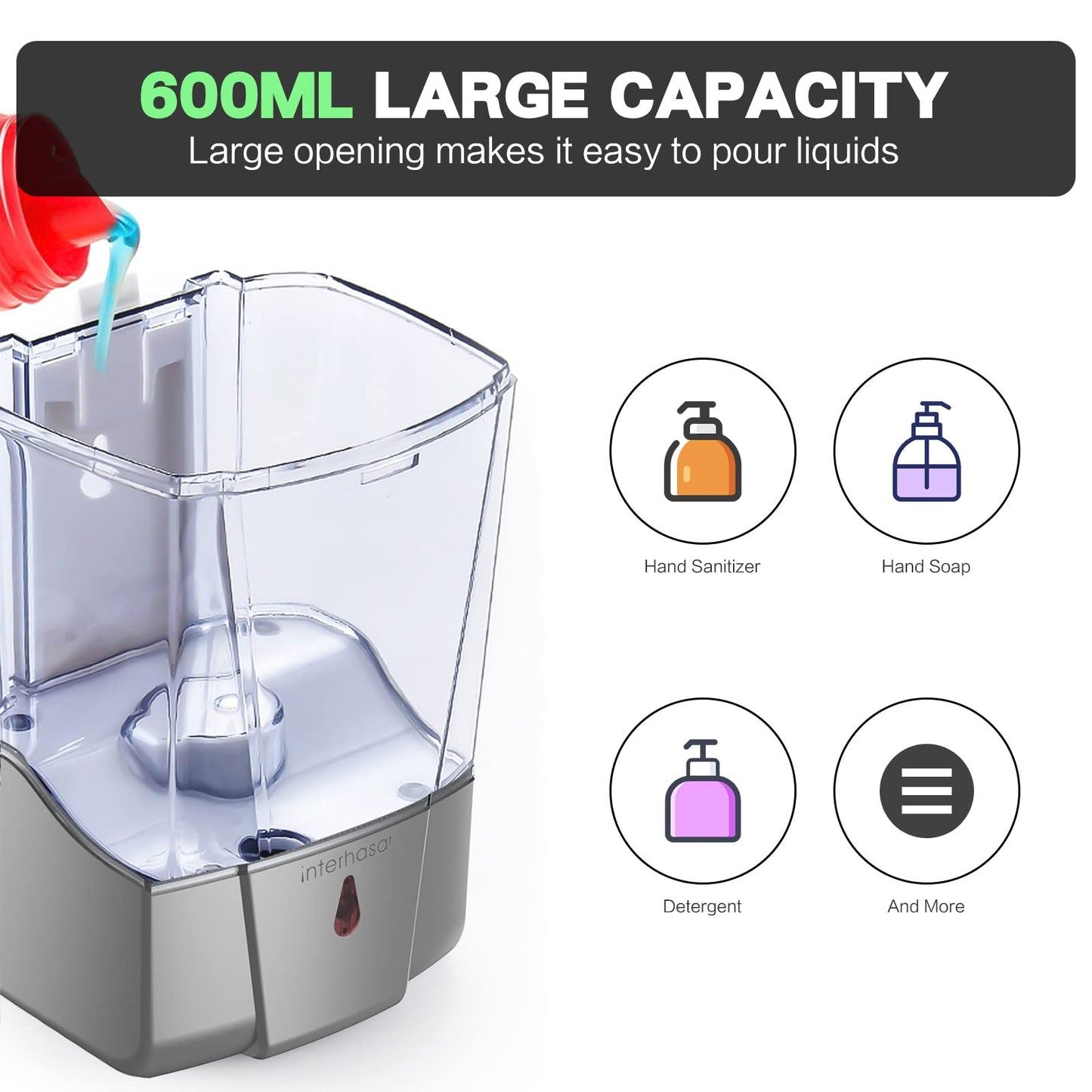 interhas! Automatic Wall Mounted Commercial Hand Sanitizer Dispenser - Liquid/Gel Touchless, 600ml/20oz (Silver)