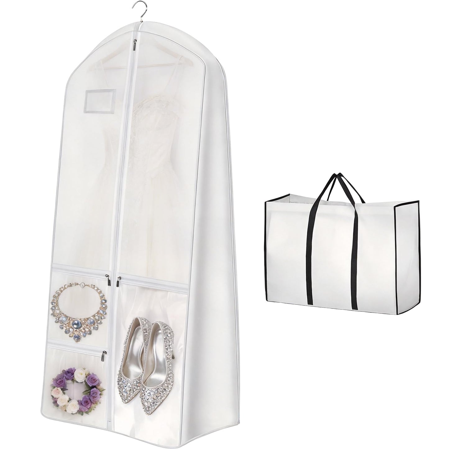 70" Wedding Dress Bag with Bride Tote Bag Covers Garment Bags with 3 Pockets and ID Slot Suit Carriers for Ball Gowns & Bridal Dress Dustproof Dress