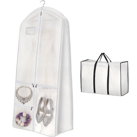 70" Wedding Dress Bag with Bride Tote Bag Covers Garment Bags with 3 Pockets and ID Slot Suit Carriers for Ball Gowns & Bridal Dress Dustproof Dress