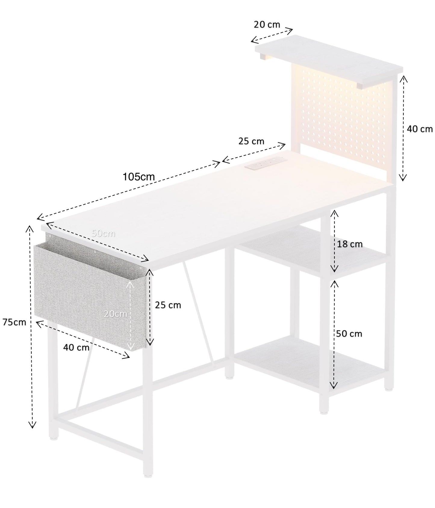 Xyphren Gaming Desk with Pegboard & Power Outlet & LED Light, Small Computer Desk with Reversible Shelves for Corner Home Office Desk, 140 * 50cm