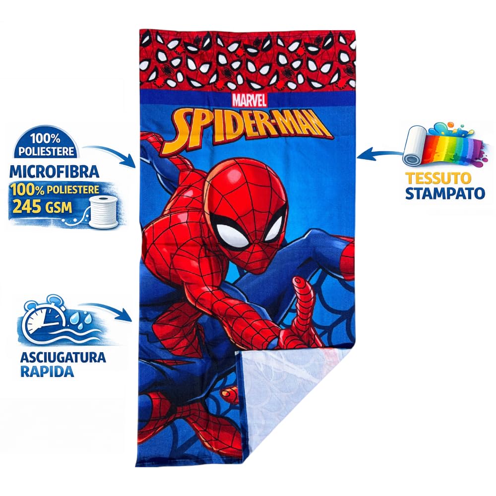 CARTOON Spider-Man Children's Beach Towel, 70 x 140 cm, Microfibre 100% Polyester, 245 g/m², Absorbent and Quick Drying, Lightweight and Compact