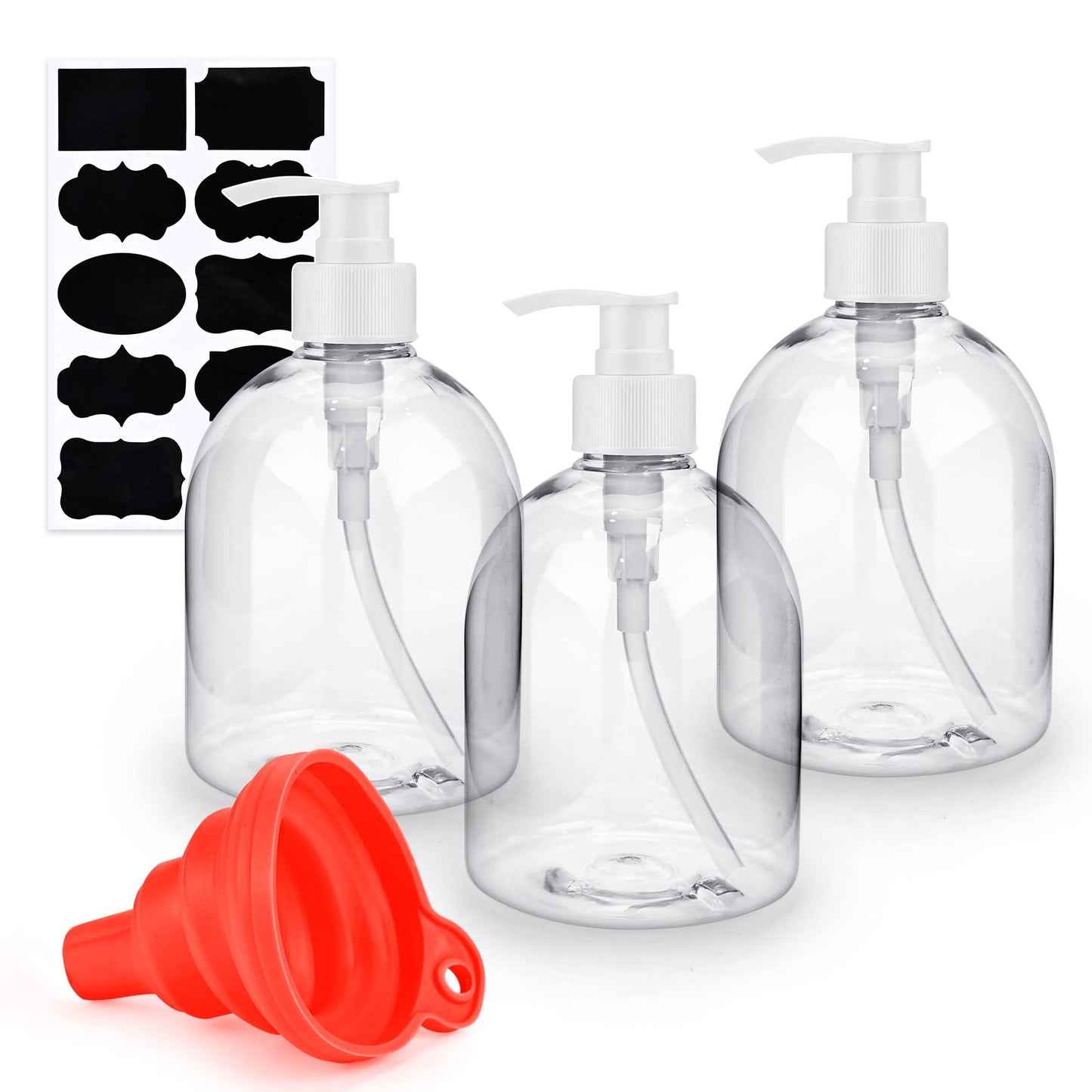 3Pcs 500ml/17oz Empty Refillable Plastic Pump Bottles, Reusable Large Capacity Transparent Soap Lotion Dispenser with Silicone Funnel & Labels for