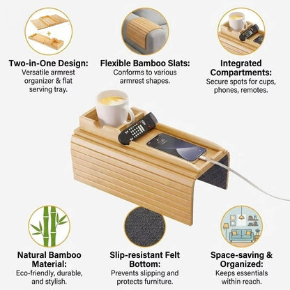 Ancaedhl Bamboo Sofa Arm Tray, 2-in-1 Foldable Armchair Tray with Built-in Cup Holder - Anti-Slip Couch Armrest Tray for Living Room
