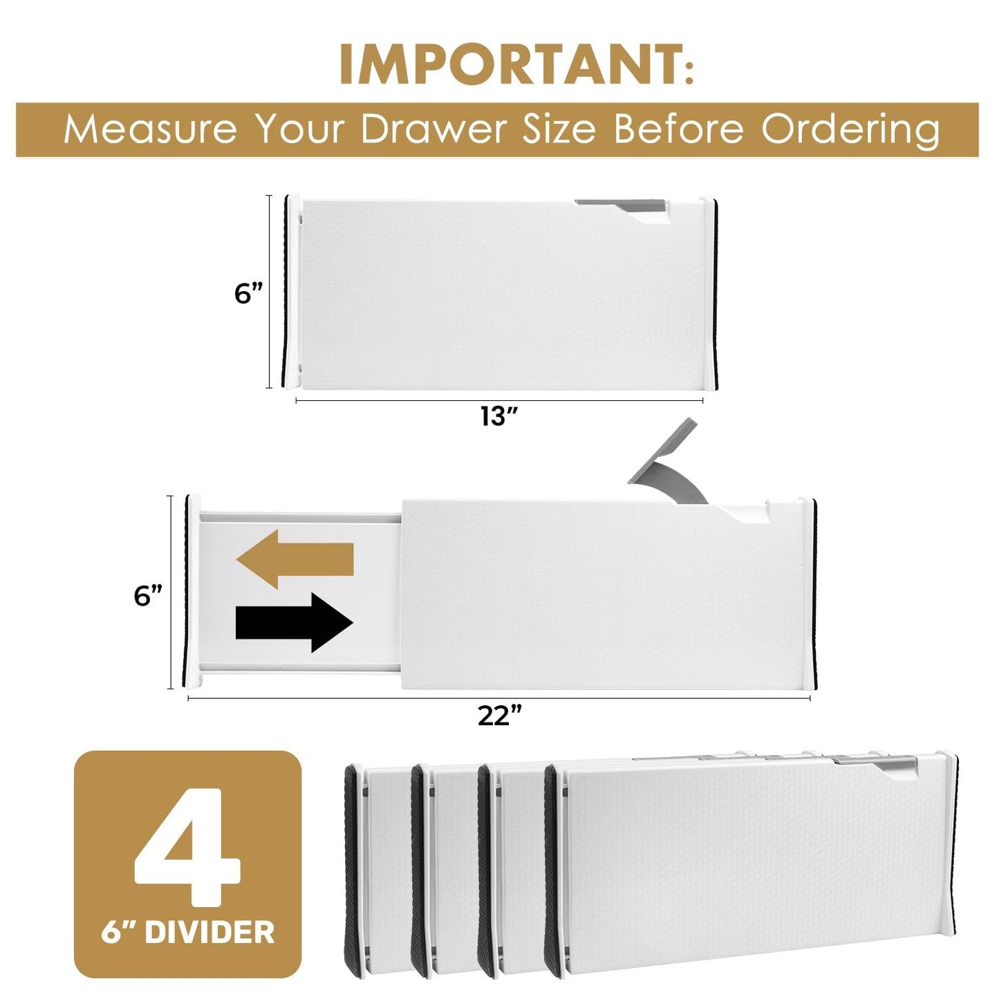 RAPTUROUS Expandable Tall Drawer Dividers 4 Pack - 6 Inch High Dresser Drawer Organizers, White