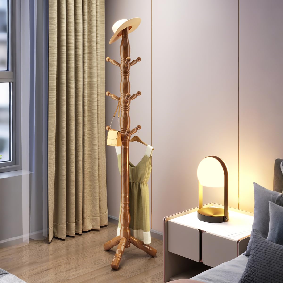 Multibao Sturdy Wooden Coat Rack Stand Vintage Posh Solid Wood 185cm with 9 Hooks Heavy Duty Free standing Hall Coat Hat Clothes Tree Stands for