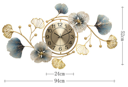 Large Silent Modern Decorative Wall Clock,Elegant Wrought Iron Wall Clocks Ginkgo Leaf Mute Wall Quartz Clock for Living Room Bedroom Hotel Porch (94