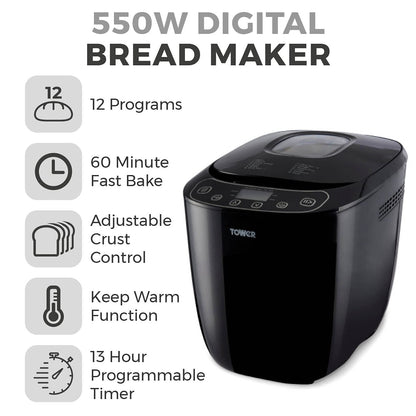 Tower T11003 2 lb Digital Bread Maker with 12 Automatic Programs, 13 Hours Delay Timer, 60 Minutes Keep Warm Function, Adjustable Crust Control,