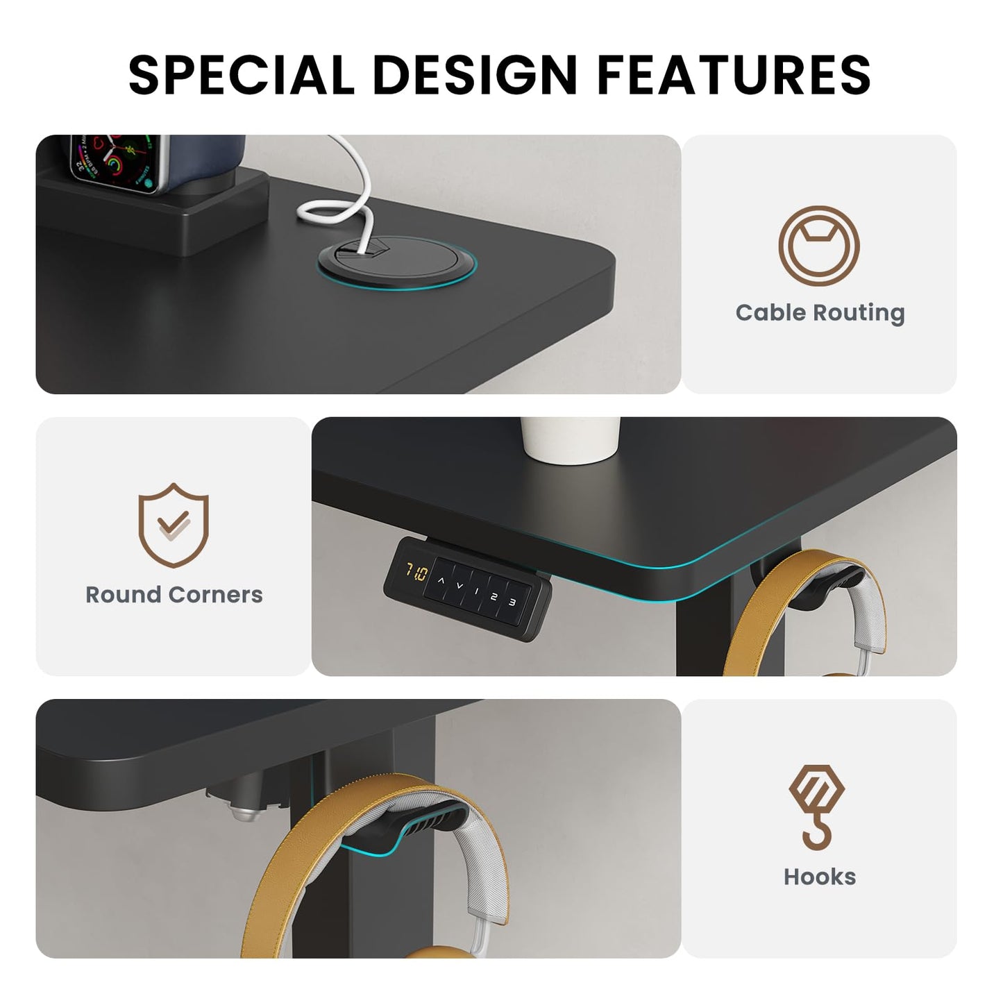 Farini U-Shaped Ergonomic Electric Standing Desk, 120x60cm, Height Adjustable Sit to Stand Desk with Memory Keypad & Headphone Hook for Home and