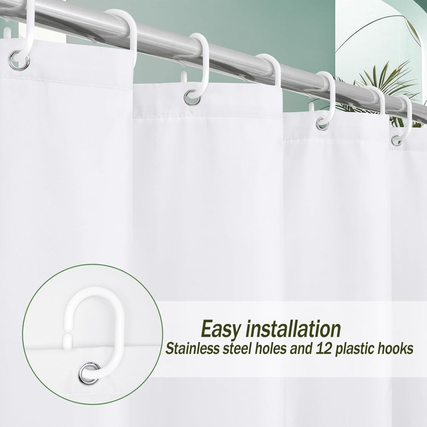 Shower Curtain, Solid Colour Fabric Shower Washable Curtain Mould Resistant and Water Repellent, Shower Curtain for Bathroom (White,180 * 180)
