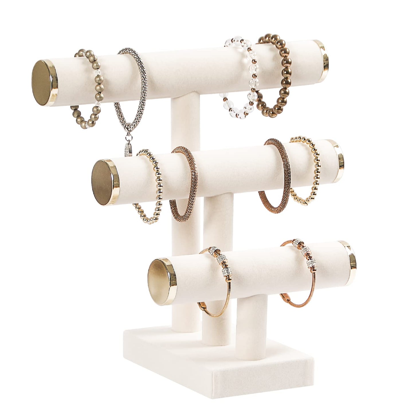 Pengup 3 Tier Bracelet Holder,Bracelet Display Stand with Metal Cap,Beige White Velvet Jewelry Organizer Displays for Necklace Scrunchies Watches