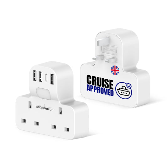 Cruise Approved UK Extension Lead Multi-Plug 7-in-1 ? Non Surge for Cruise Ships ? 4 USB Ports and Night Light ? Works on P&O, Marella, Cunard, Fred
