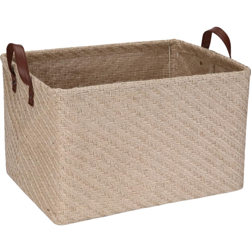 Sea Team Square Jute Storage Basket Built-in Frame Structured Organizer
