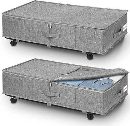 JUPELI Under Bed Storage on Wheels, Extra Large 50L Foldable Under Bed Storage Organiser, 2 Pack Underbed Storage on Wheels, Rolling Underbed Storage