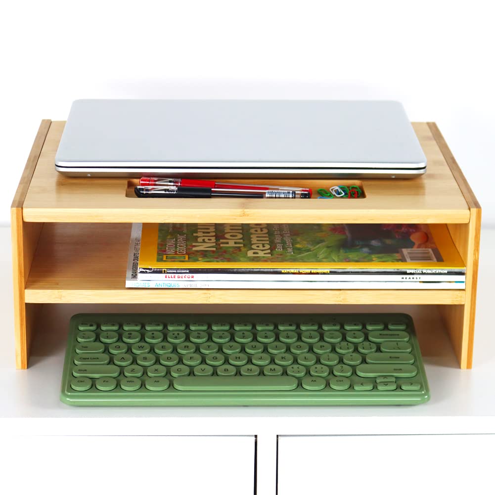 WKWKER 2-Tier Bamboo Monitor Stand With Grooved Storage Computer Monitor Riser Desk Tidy Organizer For Workstation Home Office Printer Laptop Stand