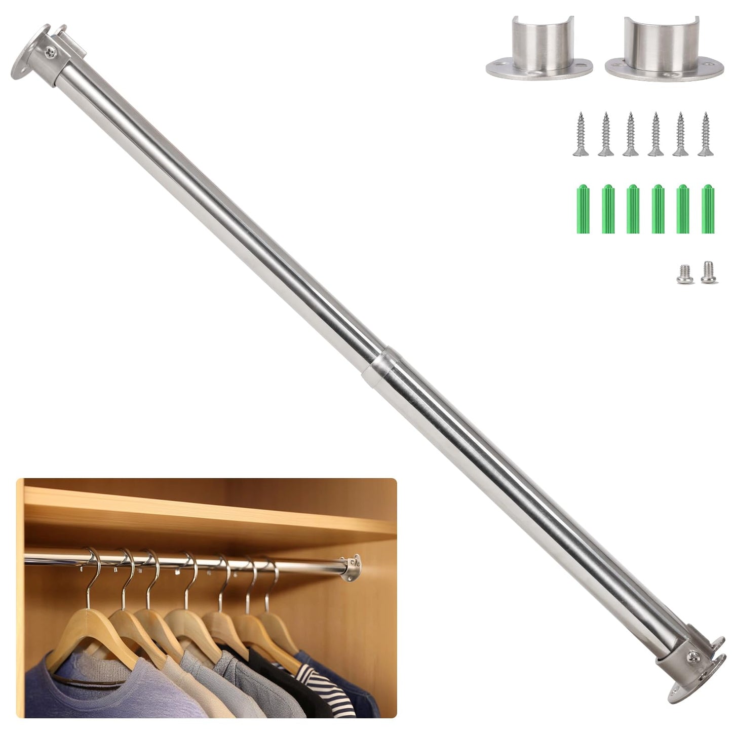 Wardlock 56-100cm Extendable Stainless Steel Wardrobe Rail, Adjustable Clothes Rail Pole With U Shaped End Sockets.