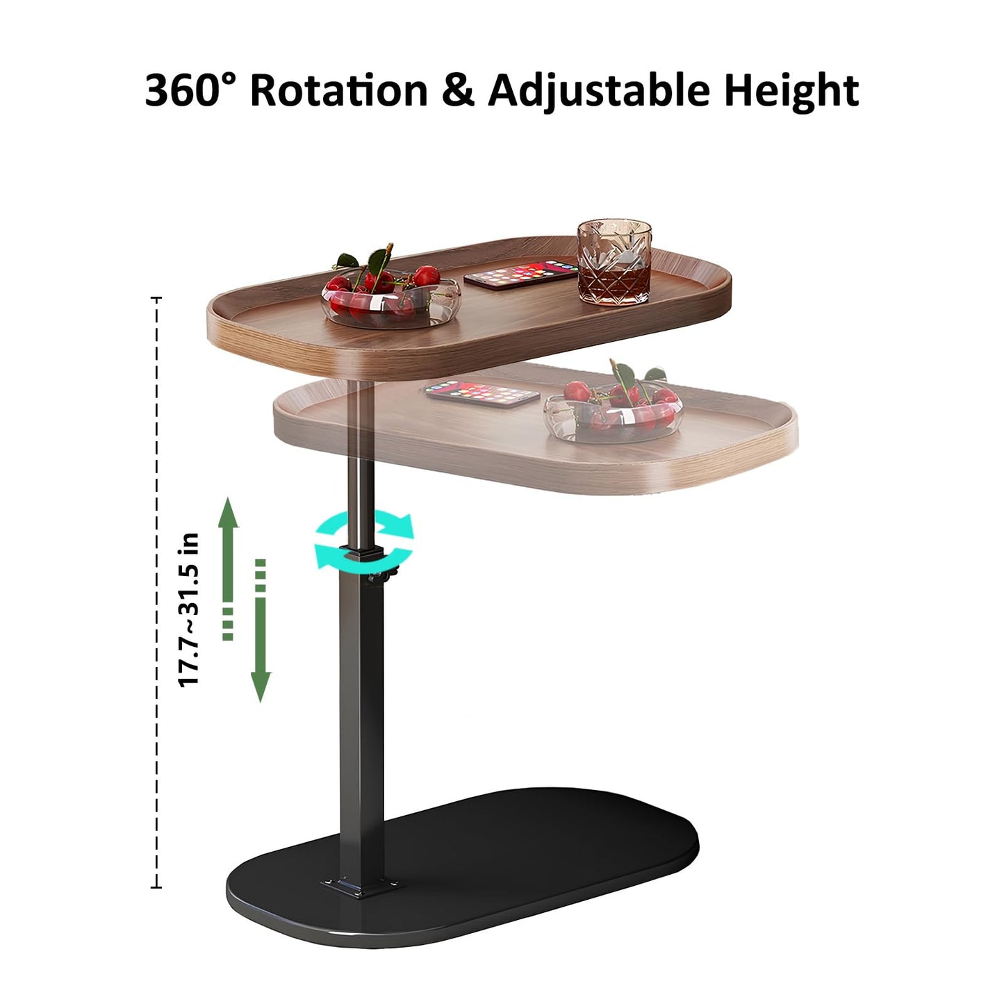 AYES Lifting Side Table 360° Swivel C Shaped End Table - TV Tray Table Narrow Concave Laptop Desk for Living Room Bedroom Bedside Nursing Sofa
