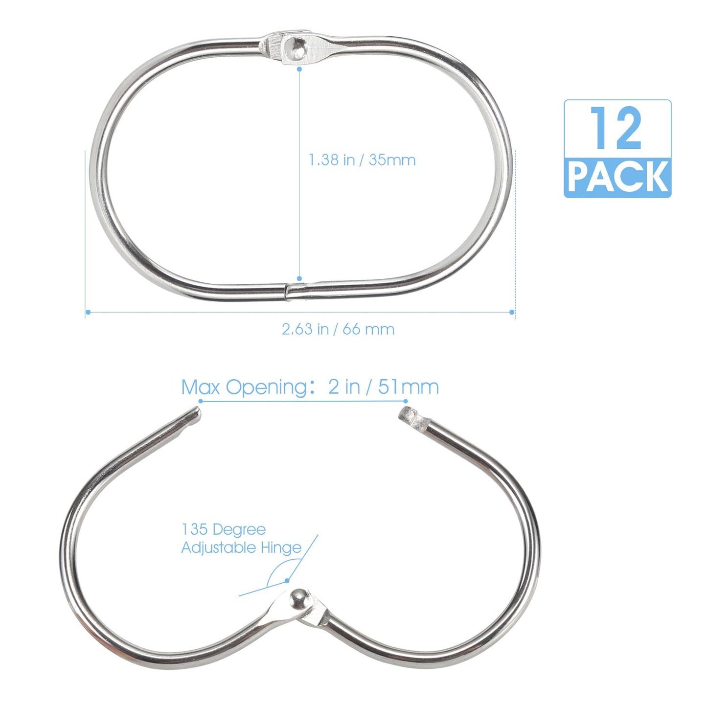 Goowin Shower Curtain Hooks, 12 Pcs Shower Curtain Rings Rust Proof Metal Oval Rings Clasp Closed Shower Curtain Rings for Bathroom Shower Rods
