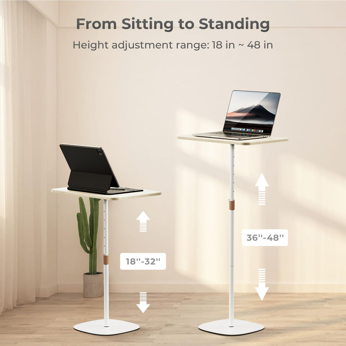 POLESTO Portable Laptop Stand, Bedside/Sofa Table with Height Adjustable 18''~48'', Sleek Wooden Lectern Standing Desk Mobile Podium for Home, Office