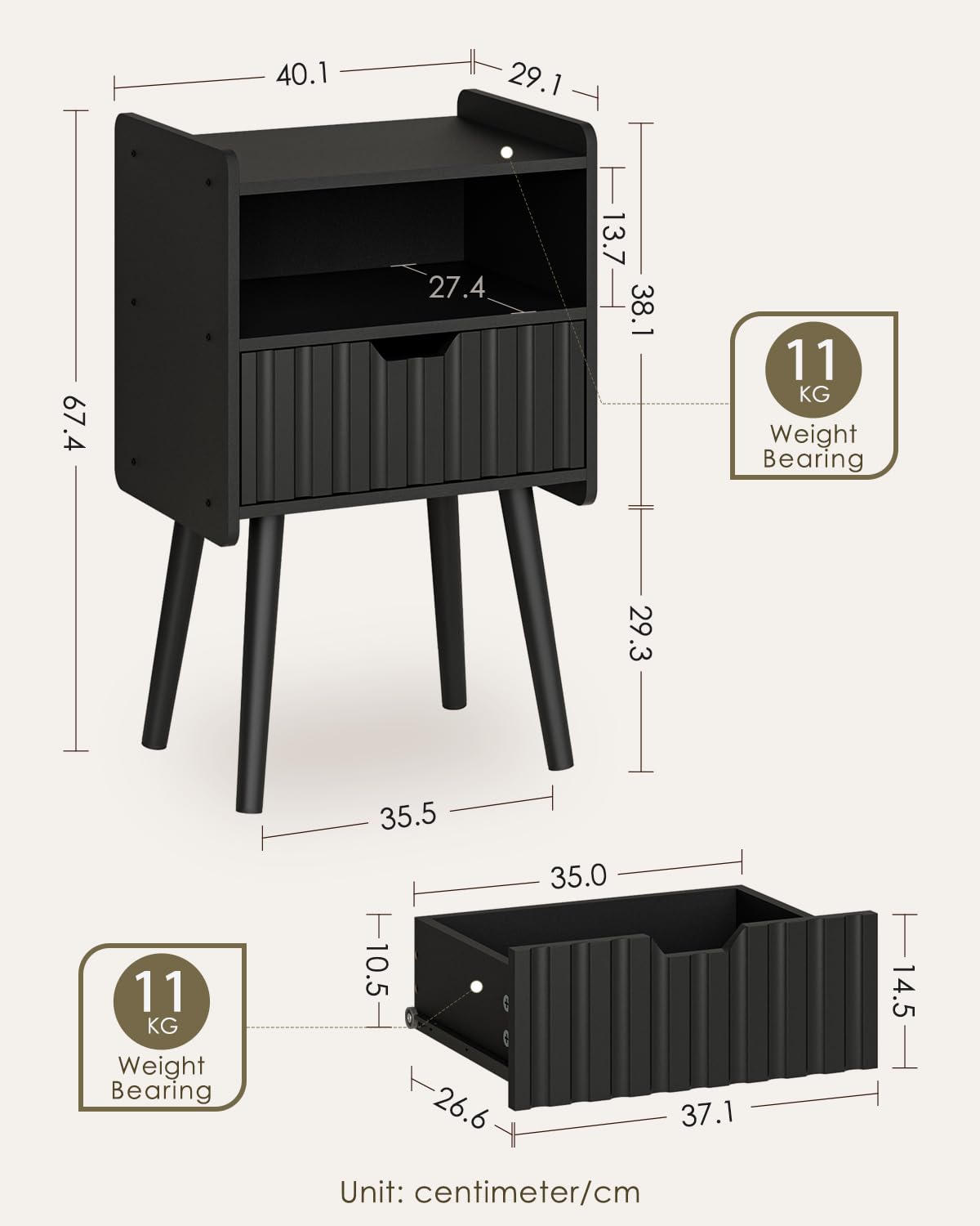 HEYZOEY Fluted Bedside Table, Black Bedside Table,Night Stand Wood Nightstand with Storage Drawer Side End Table for Bedroom,Living