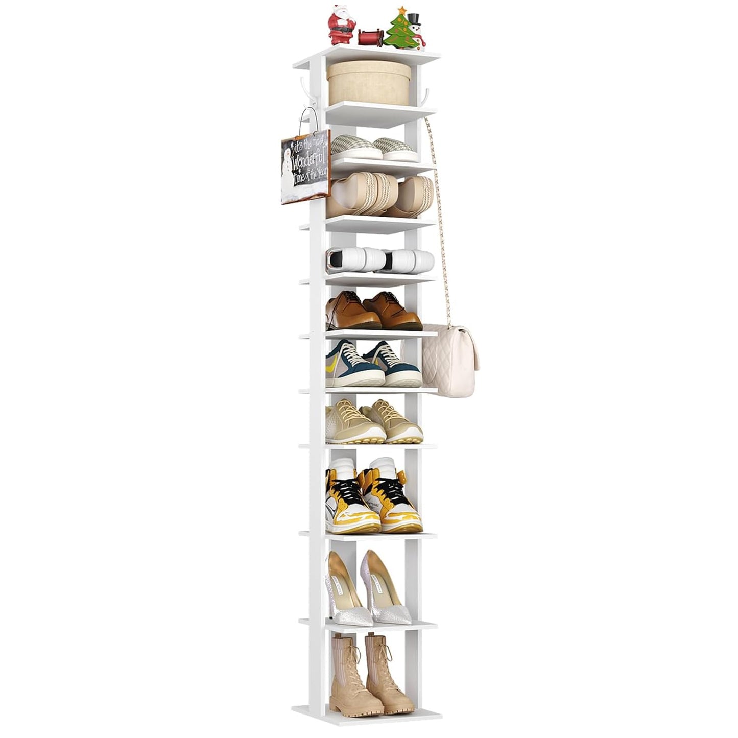 HOME BI 11-Tier Vertical Shoe Rack, Corner Shoe Tower, Slim Shoe Organizer with Two Hanging Hooks, Wooden Shoe Storage Stand for Entryway, Hallway