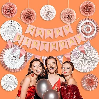 Rose Gold Reusable Birthday Decorations Kit Womens Birthday Party Decorations Rose Gold Banner Bunting Honeycomb Paper Lanterns Paper Fans