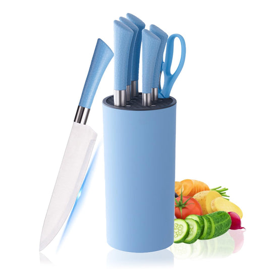 Kitchen Knife Set, 7-Pieces Blue Stainless Steel Knife Block Set with Sharp Blades, Professional Chef Knife Set with Ergonomic Handle for for