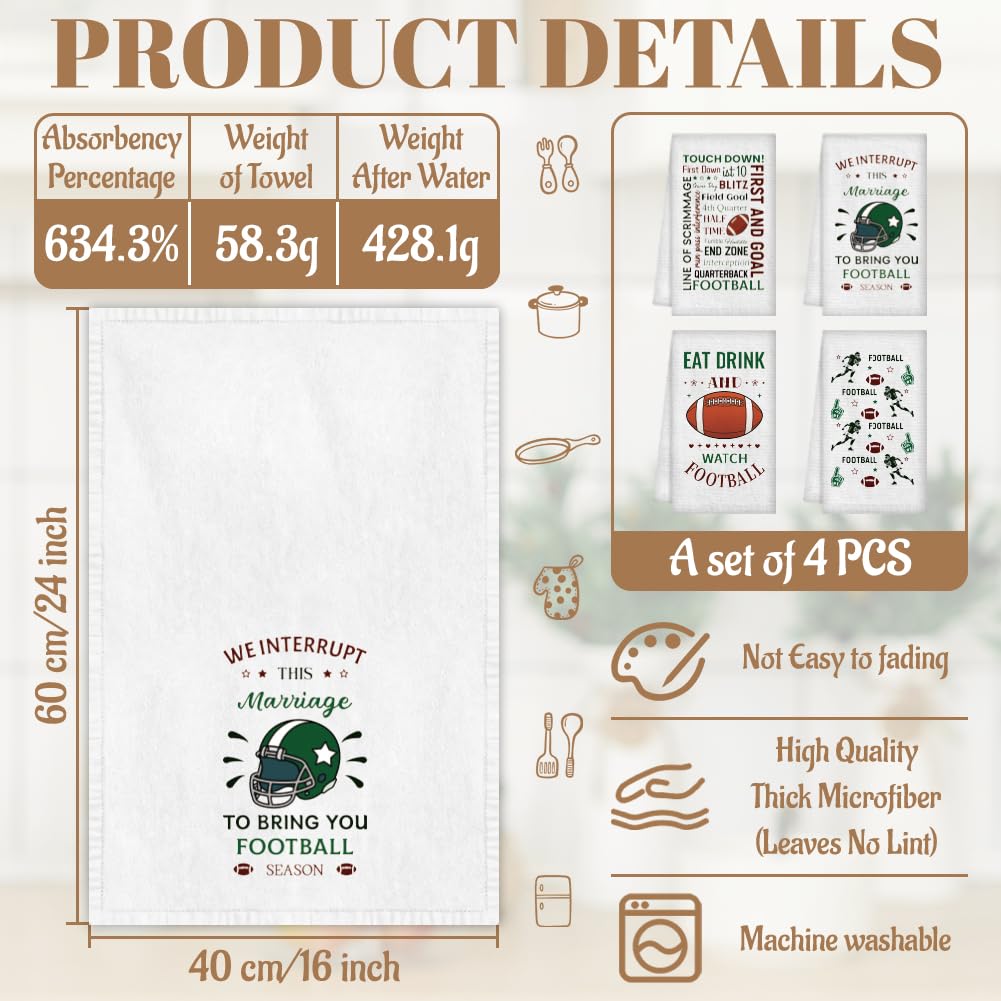 WADORN 4Pcs Funny Rugby Hand Towels, Football Themed Decorative Kitchen Dish Towels 24 x 16 Inch Microfiber Absorbent Soft Hand Tea Dishcloths for