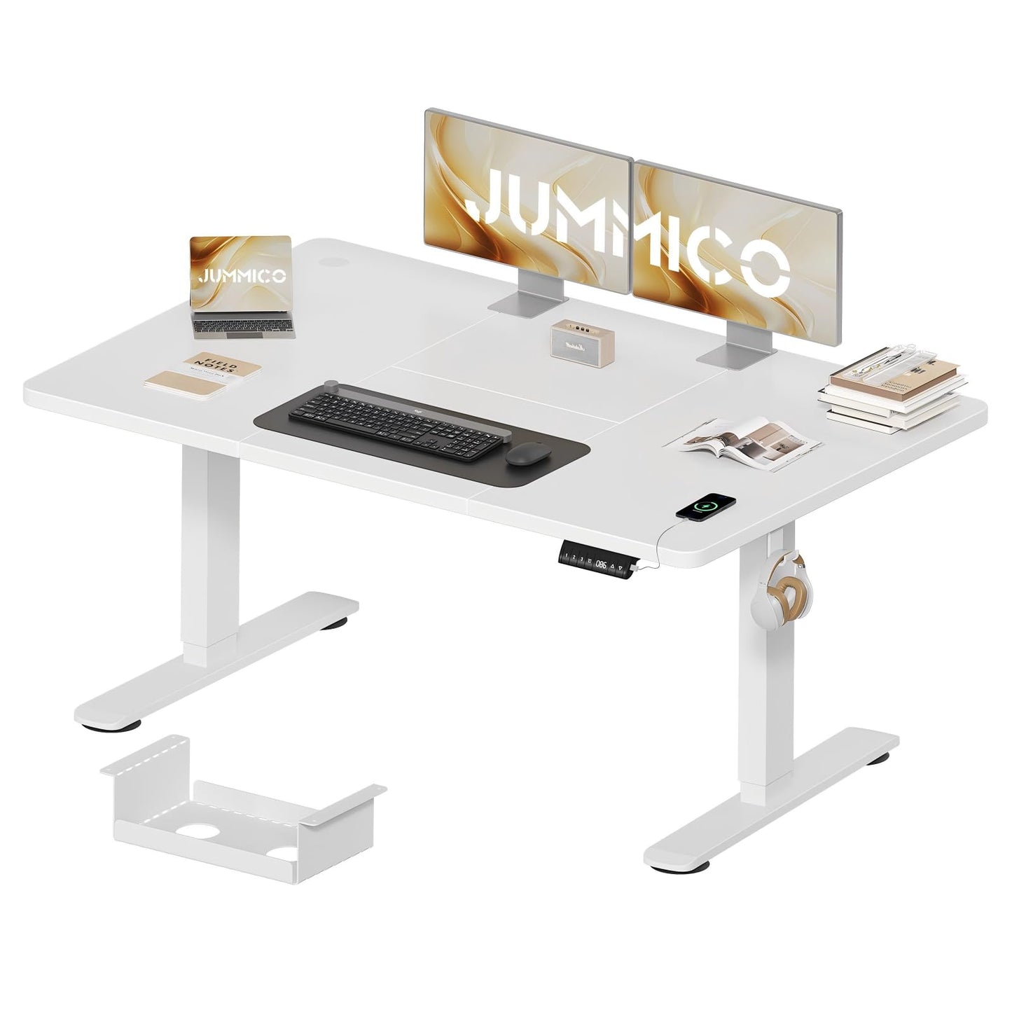 JUMMICO Height-Adjustable Desk 140 x 70 cm with Cable Tray, Height-Adjustable Electric Standing Desk with USB Socket, Computer Desk