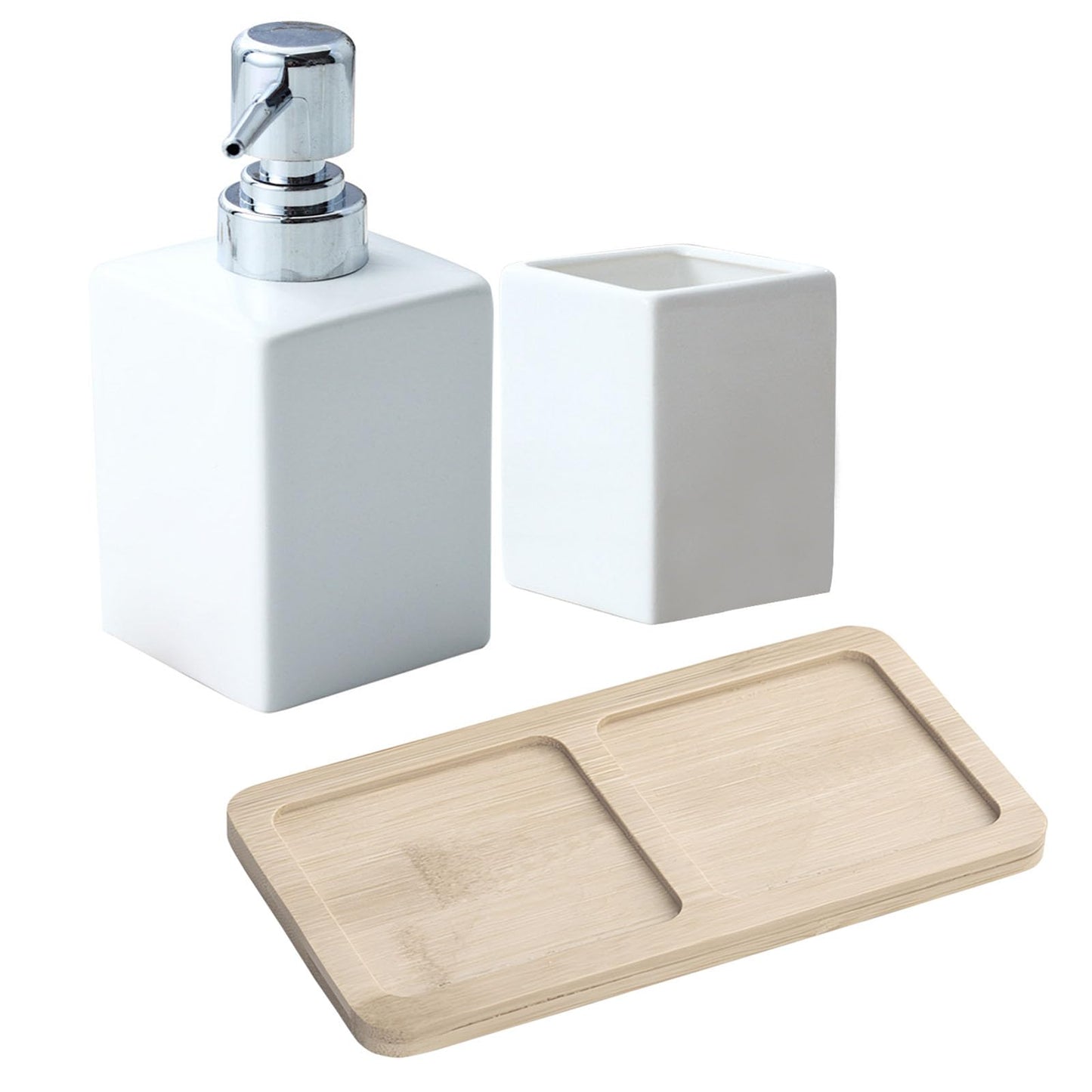 White Ceramic Bathroom Set with Wood Tray | Includes 320ml Soap Dispenser & Tumbler | Luxury Bathroom Accessories & Decor