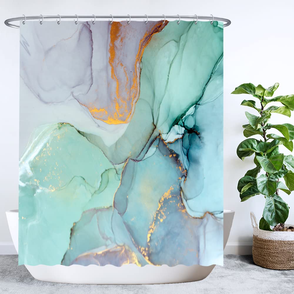 Ulticool Shower Curtain - Marble Green Blue Watercolour - 180 x 200 cm - Washable - Anti Mould - Waterproof - with 12 Rings