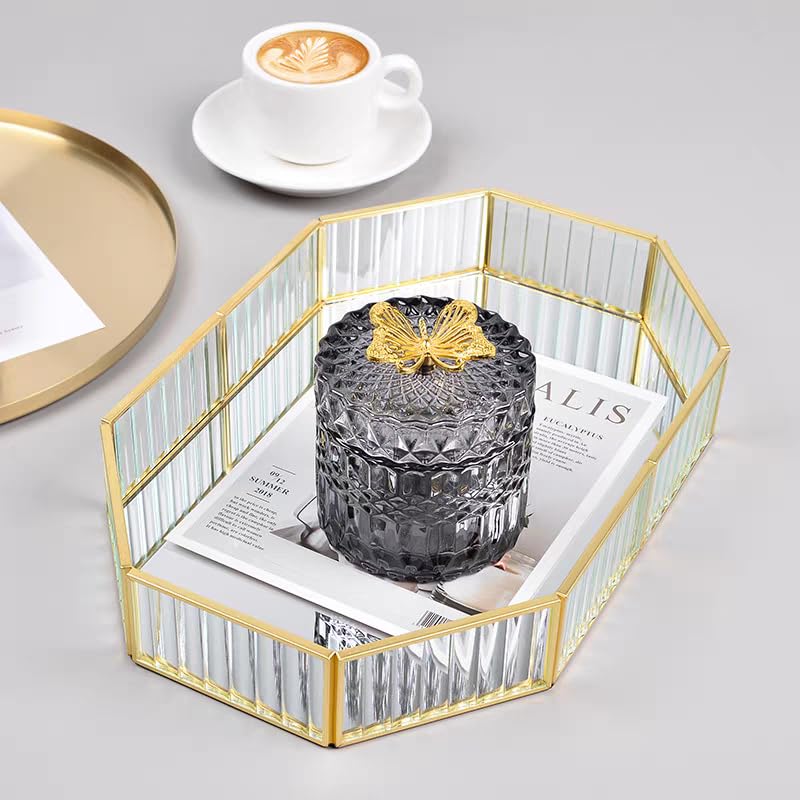 SLHEQING Mirror Tray Gold Vintage Perfume Tray Makeup Jewelry Organizer, Glass Vanity Tray Metal Polygon Tray