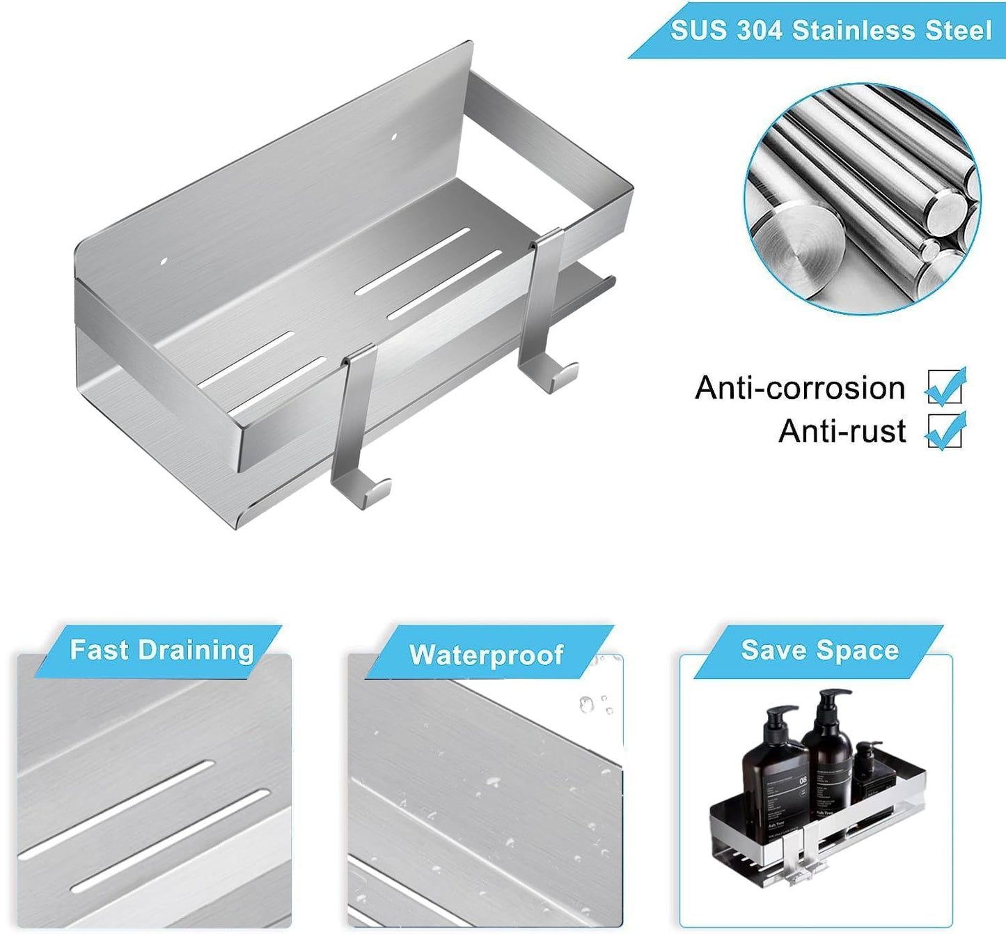 QNIIAED Shower Caddy Wall Mounted,Screw in Bathrooms Shelf Quick Drain