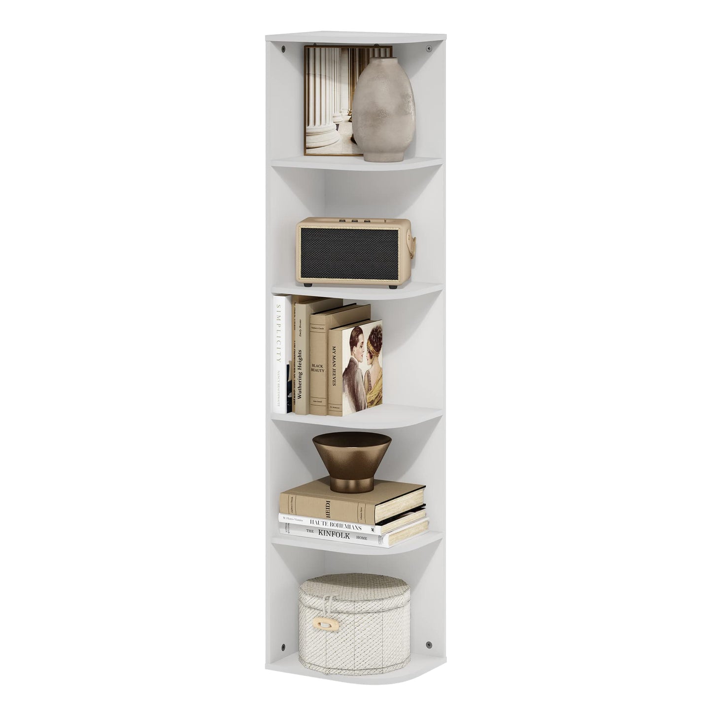 Furinno PASIR Book Shelf, 5-Tier Corner Bookshelf, Open Shelves Bookcase 9.3 x 12 x 51.7, for Living Room, Bedroom, Home Office, White
