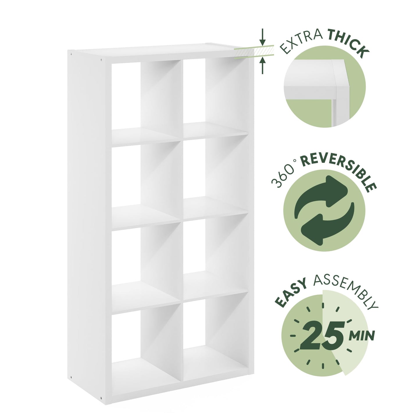 Furinno CUBICLE Book Shelf, 8-Cube Thick Frame Bookshelf, Horizontally & Vertically Reversible Bookcase with Open Back, 14.6 x 30 x 57.9