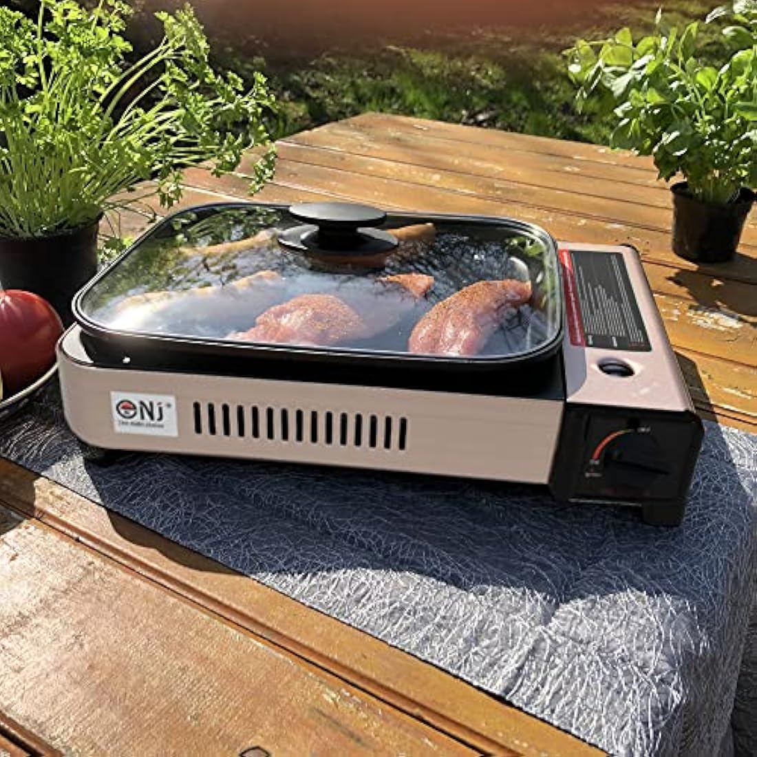 NJ Portable Gas BBQ Deep Dish Grill Stove Tabletop Camping Cooker Non-stick Pan Glass LID