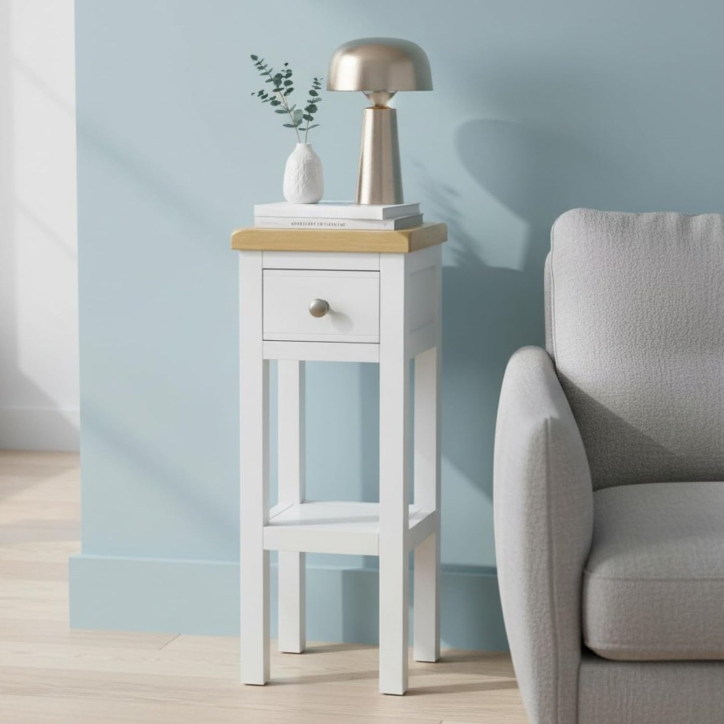 GROF GROFurniture Small Side Table with Drawer Painted White Small Console Table for Living Room or Hallway