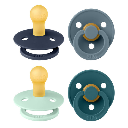 BIBS Dummies Colour 4-Pack, BPA Free Dummy Pacifier, Round Nipple Soothers, Natural Rubber Latex, Made in Denmark. 0-6 Months (Pack of 4), Baby Boy